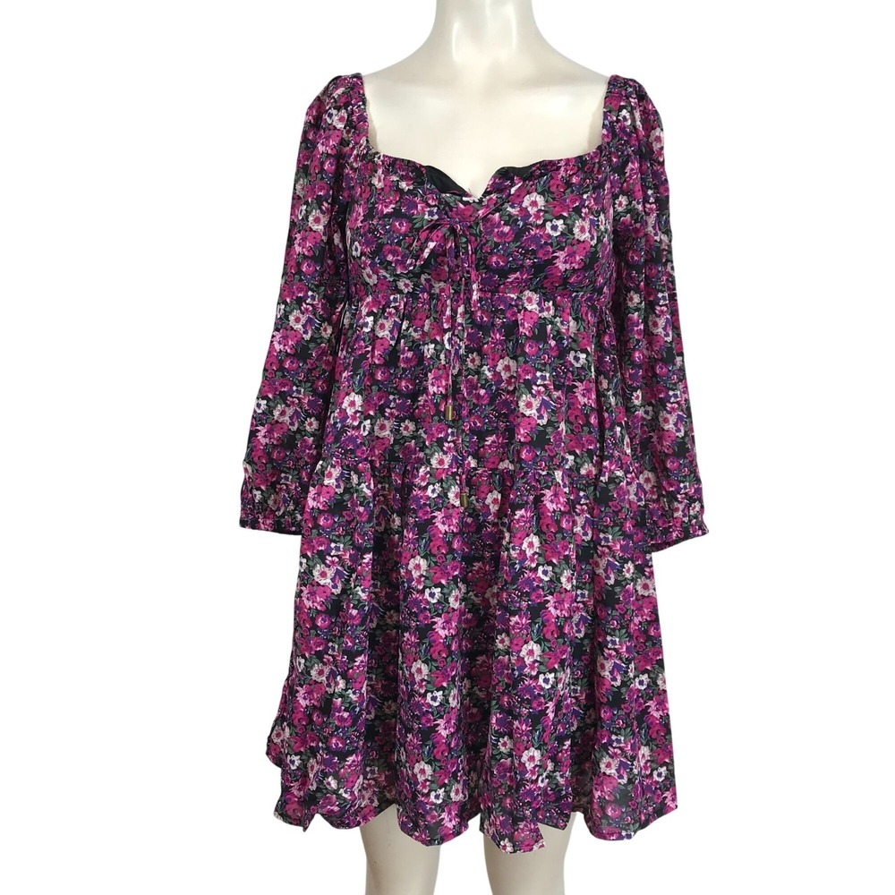 ENTRO - WOMEN'S SMALL - FLORAL LONG SLEEVE TIES AT NECK POLYESTER SHIFT DRESS